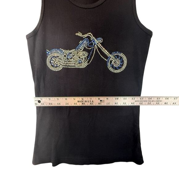 VTG Black Ribbed Tank RHINESTONE Motorcycle TrampStamp SIZE LARGE Raquel Biker - Picture 6 of 9